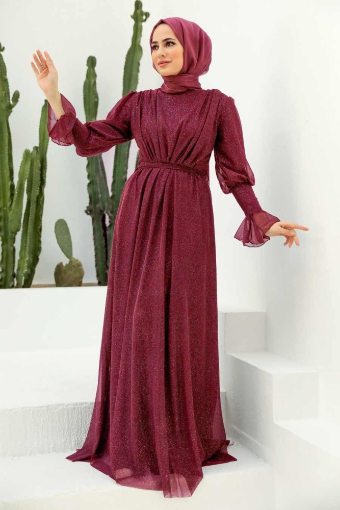 Tesettürlü Abiye Elbise - Robe de soirée Hijab Cerise 5367VSN - 1