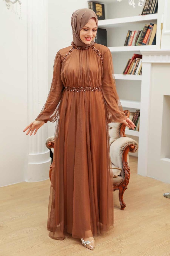 Tesettürlü Abiye Elbise - Robe de soirée Hijab colorée Sunuff 9170TB - 2
