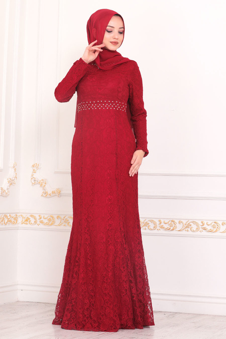 Tesettürlü Abiye Elbise - Robe de soirée Hijab couleur bordeaux 2144BR