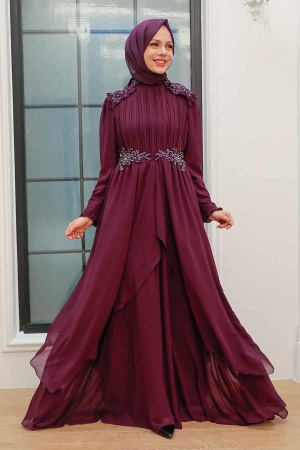 Tesettürlü Abiye Elbise - Robe de Soirée Hijab Couleur Prune 25807MU - 1