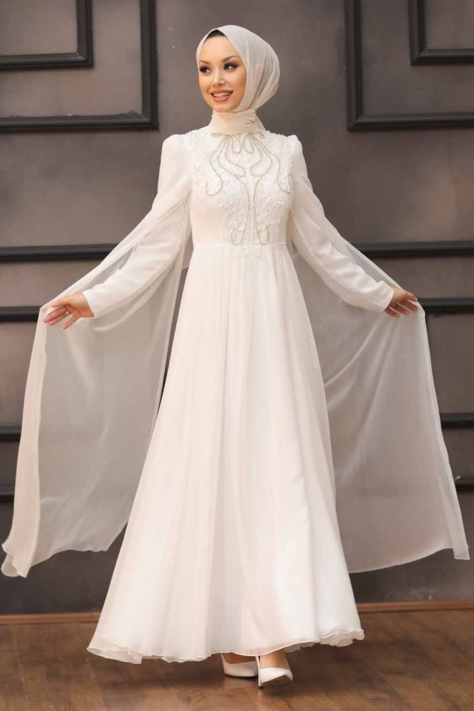 Tesettürlü Abiye Elbise- Robe de Soirée Hijab Écru 22140E - 1