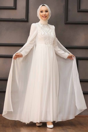 Tesettürlü Abiye Elbise- Robe de Soirée Hijab Écru 22140E - 2