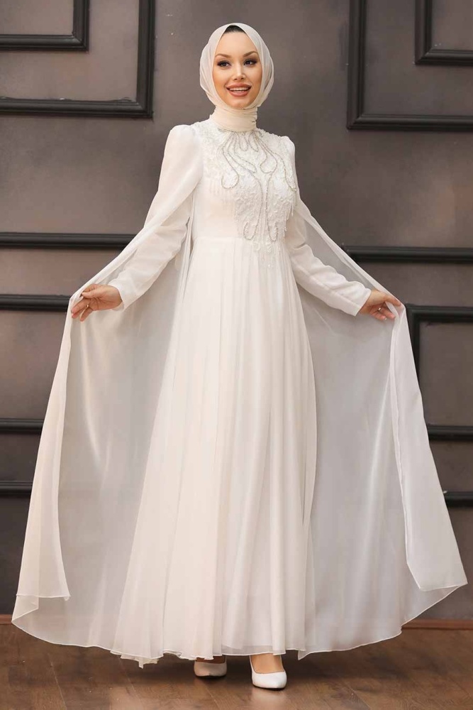 Tesettürlü Abiye Elbise- Robe de Soirée Hijab Écru 22140E - 2