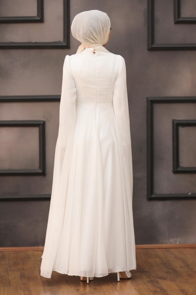Tesettürlü Abiye Elbise- Robe de Soirée Hijab Écru 22140E - 3