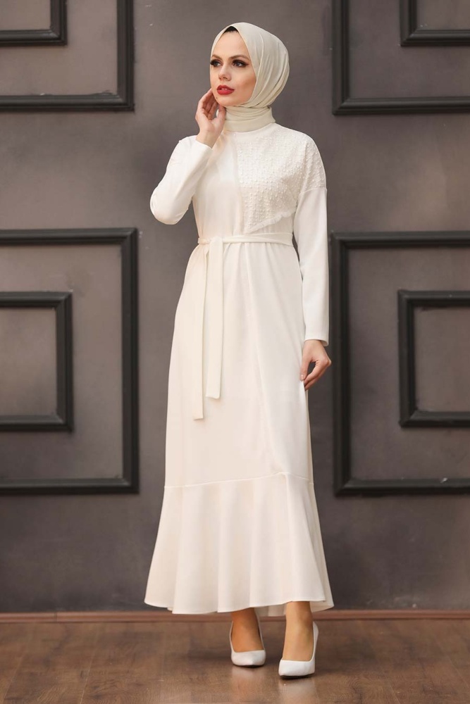 Tesettürlü Abiye Elbise -Robe de Soirée Hijab Écru 40581E - 1