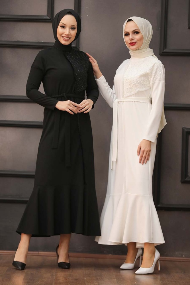 Tesettürlü Abiye Elbise -Robe de Soirée Hijab Écru 40581E - 2