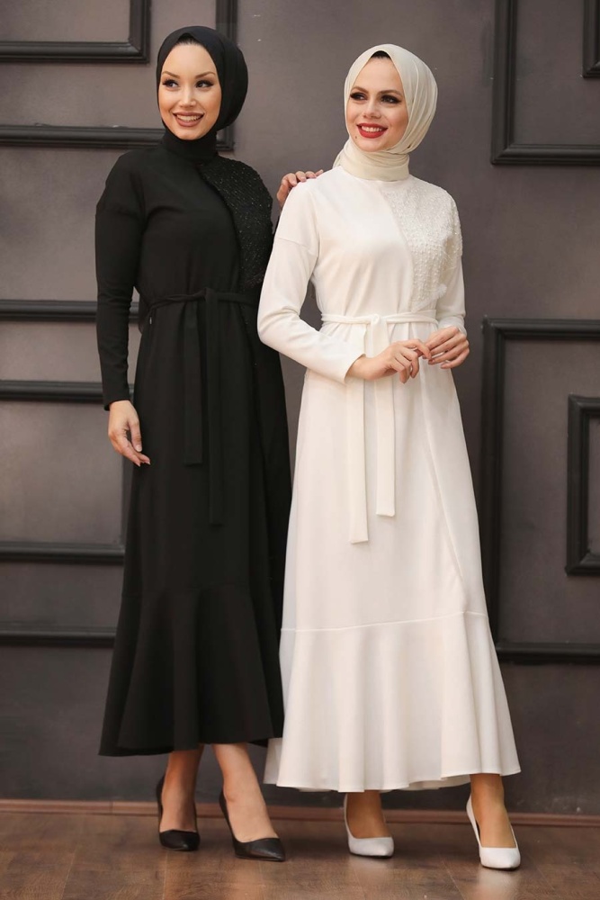 Tesettürlü Abiye Elbise -Robe de Soirée Hijab Écru 40581E - 3