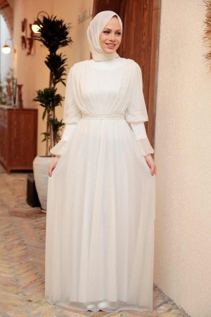 Tesettürlü Abiye Elbise - Robe de soirée Hijab écru 5367E - 1