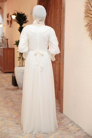 Tesettürlü Abiye Elbise - Robe de soirée Hijab écru 5367E - 2