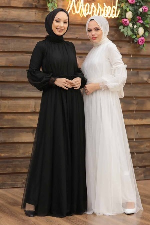 Tesettürlü Abiye Elbise -Robe de Soirée Hijab Écru 5474E - Thumbnail