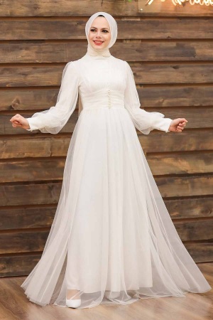 Tesettürlü Abiye Elbise -Robe de Soirée Hijab Écru 5478E - 1