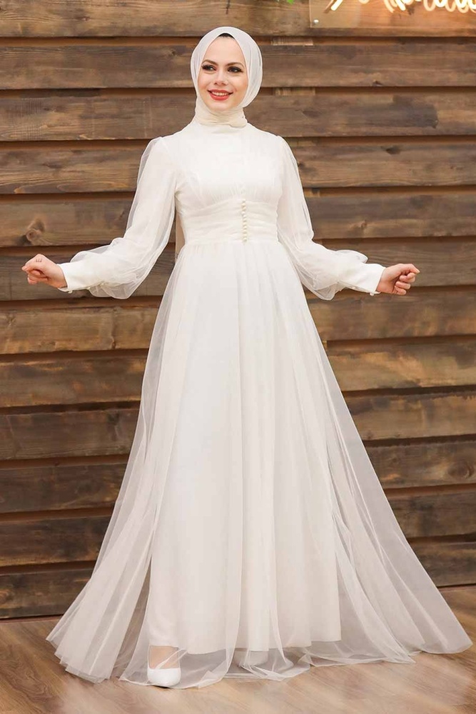 Tesettürlü Abiye Elbise -Robe de Soirée Hijab Écru 5478E - 1