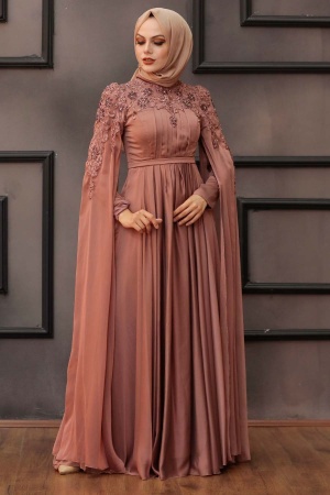 Tesettürlü Abiye Elbise - Robe de soirée hijab cuivre 21990BKR - 1