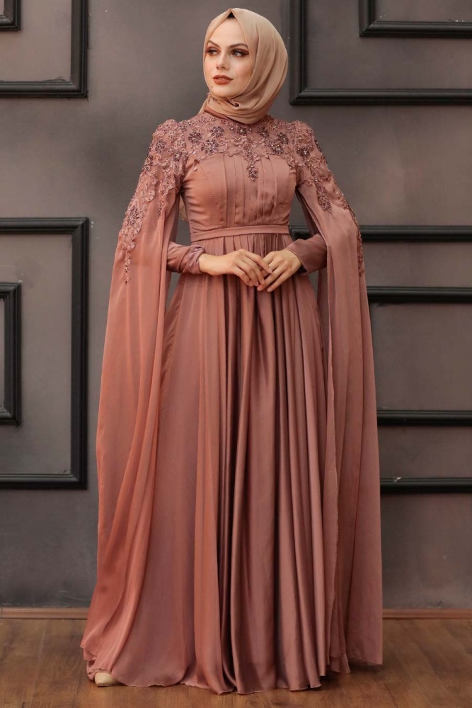 Tesettürlü Abiye Elbise - Robe de soirée hijab cuivre 21990BKR - 2