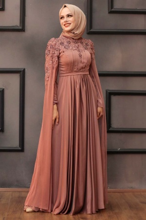 Tesettürlü Abiye Elbise - Robe de soirée hijab cuivre 21990BKR - 3