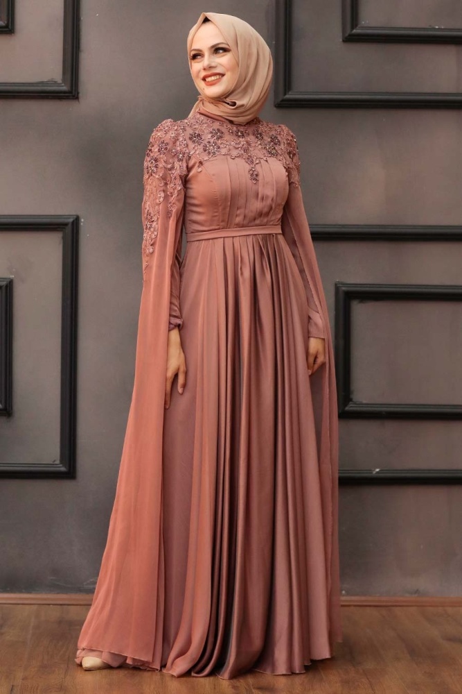 Tesettürlü Abiye Elbise - Robe de soirée hijab cuivre 21990BKR - 3