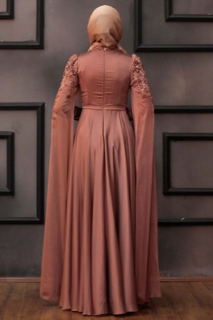 Tesettürlü Abiye Elbise - Robe de soirée hijab cuivre 21990BKR - 4