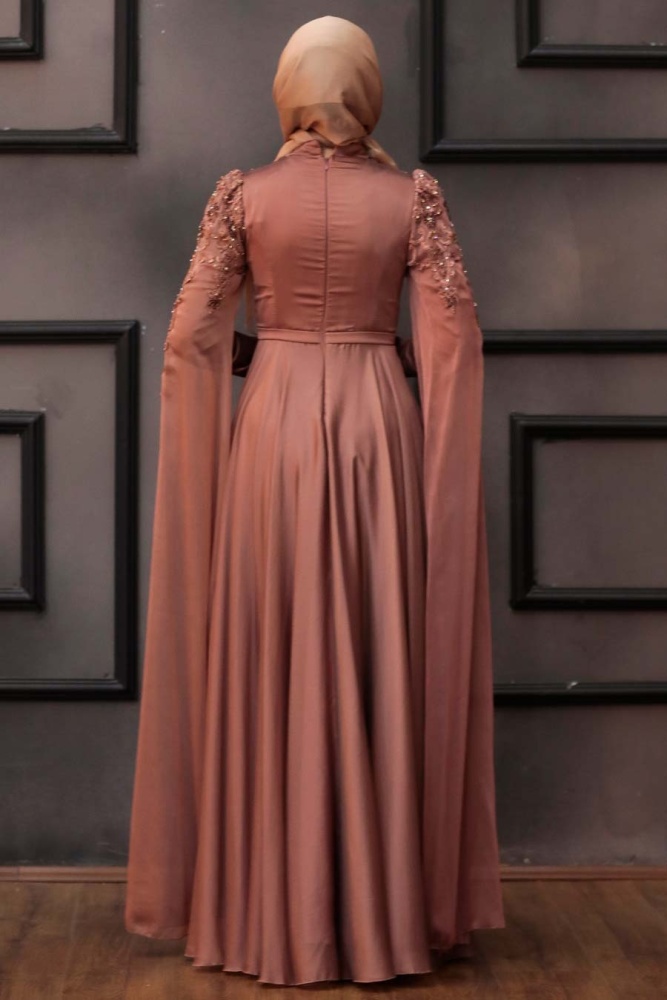 Tesettürlü Abiye Elbise - Robe de soirée hijab cuivre 21990BKR - 4