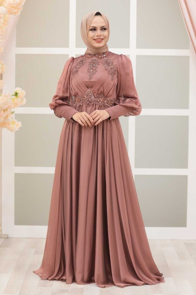 Tesettürlü Abiye Elbise - Robe de Soirée Hijab Cuivre 22101BKR - 3