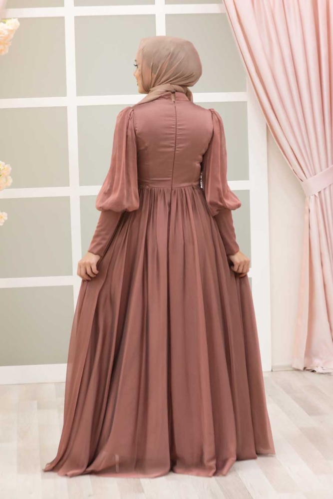 Tesettürlü Abiye Elbise - Robe de Soirée Hijab Cuivre 22101BKR - 5