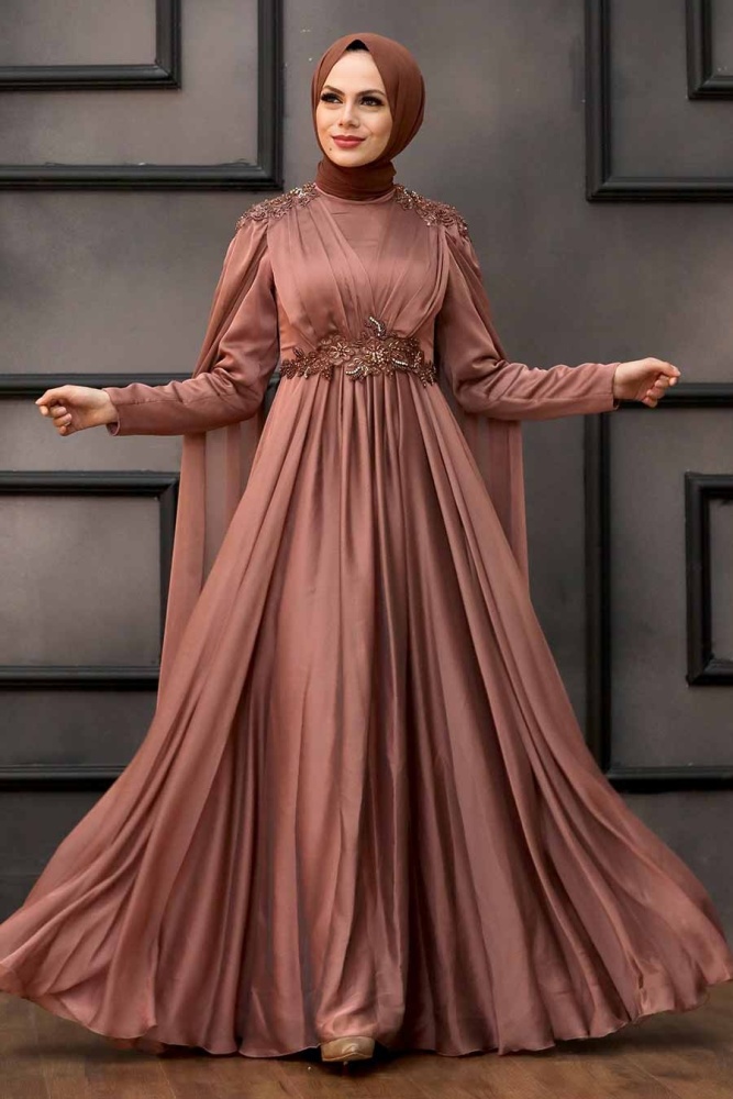 Tesettürlü Abiye Elbise - Robe de Soirée Hijab Cuivre 22130BKR - 1