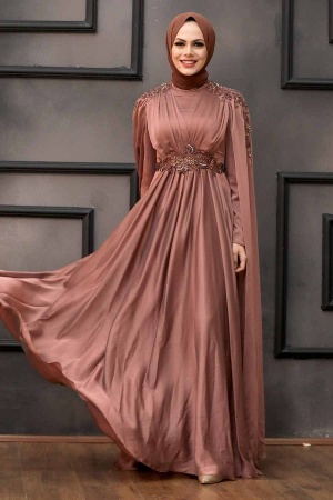 Tesettürlü Abiye Elbise - Robe de Soirée Hijab Cuivre 22130BKR - 2