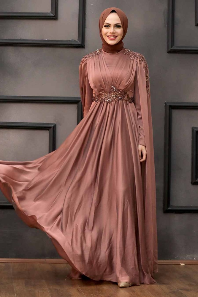 Tesettürlü Abiye Elbise - Robe de Soirée Hijab Cuivre 22130BKR - 2