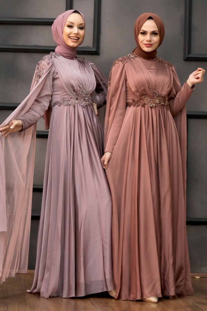 Tesettürlü Abiye Elbise - Robe de Soirée Hijab Cuivre 22130BKR - 3