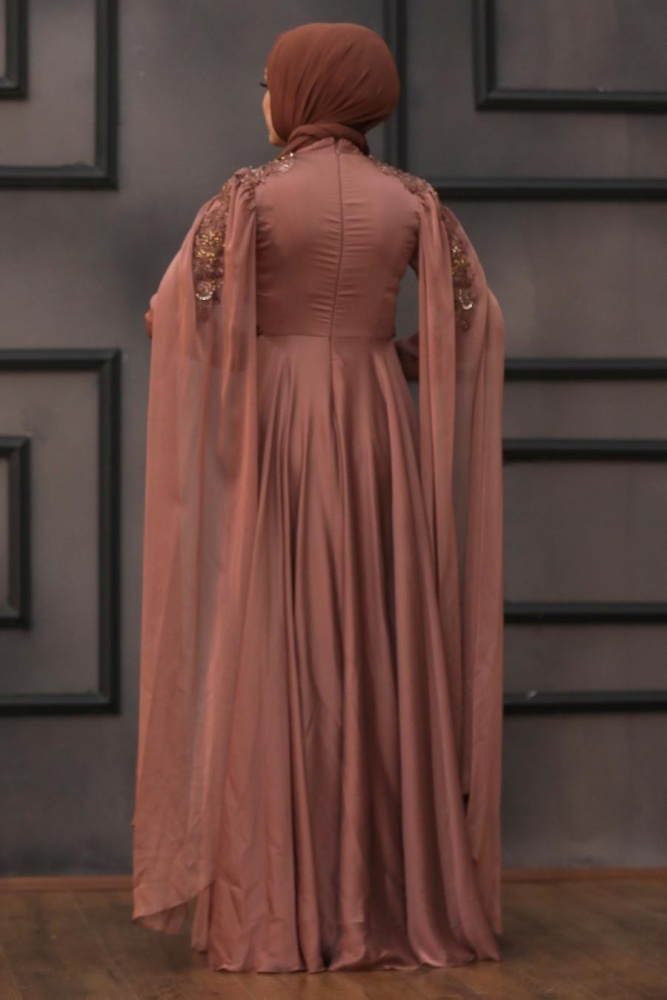 Tesettürlü Abiye Elbise - Robe de Soirée Hijab Cuivre 22130BKR - 4