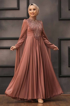 Tesettürlü Abiye Elbise - Robe de Soirée Hijab Cuivre 22140BKR - 1