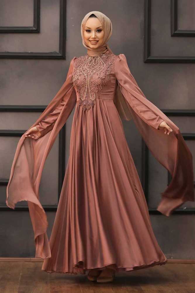 Tesettürlü Abiye Elbise - Robe de Soirée Hijab Cuivre 22140BKR - 2
