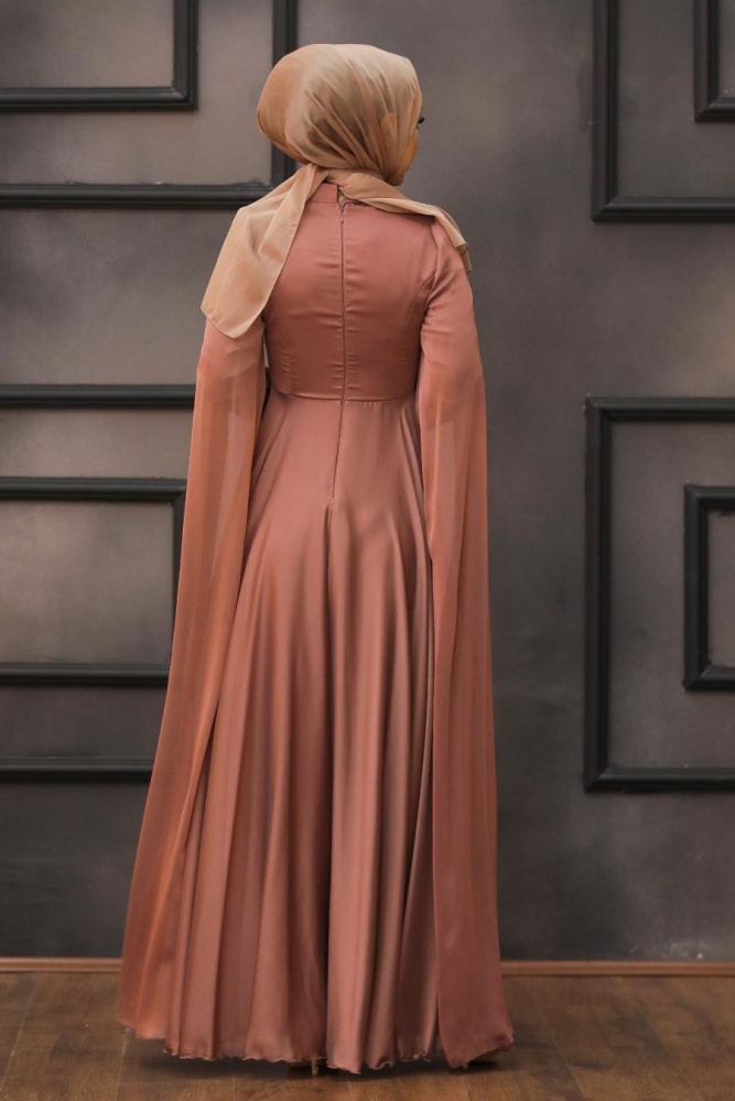 Tesettürlü Abiye Elbise - Robe de Soirée Hijab Cuivre 22140BKR - 3