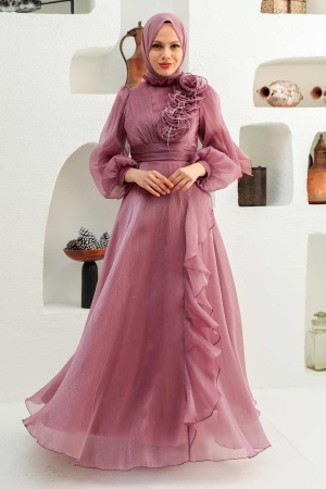 Tesettürlü Abiye Elbise - Robe de soirée Hijab Dusty Rose 22321GK - 1