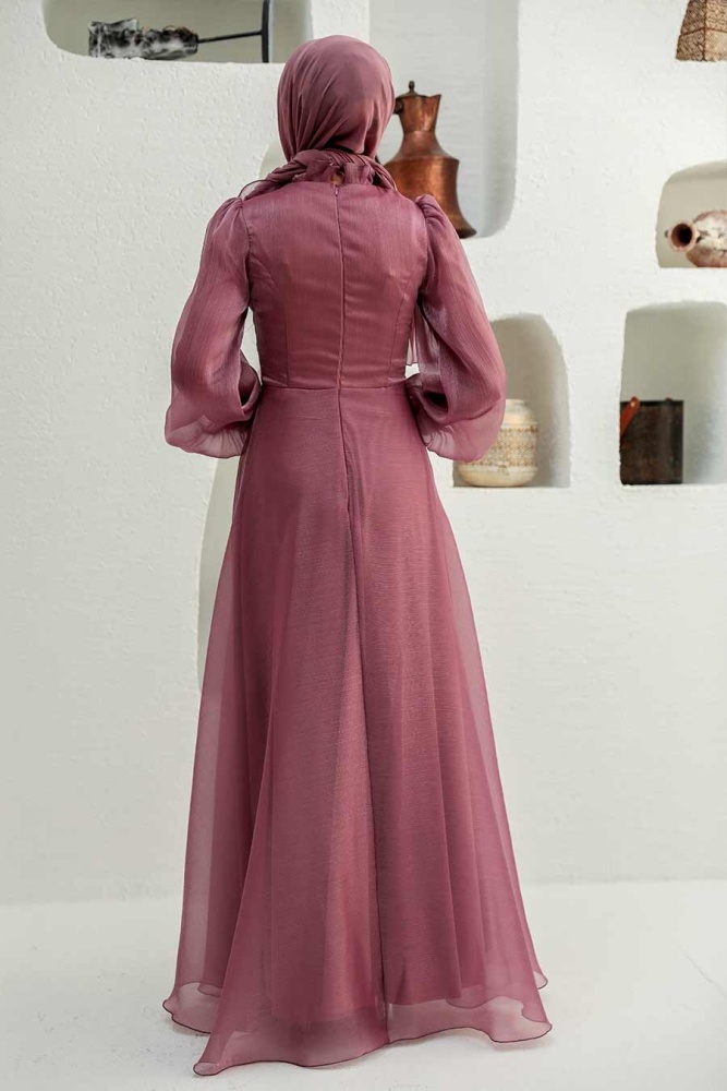 Tesettürlü Abiye Elbise - Robe de soirée Hijab Dusty Rose 22321GK - 3