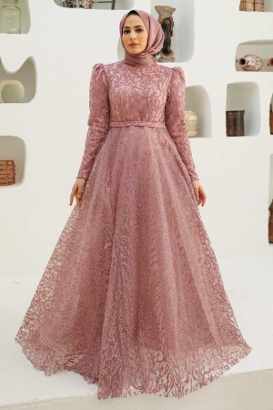 Tesettürlü Abiye Elbise - Robe de soirée Hijab Dusty Rose 22343GK - 1