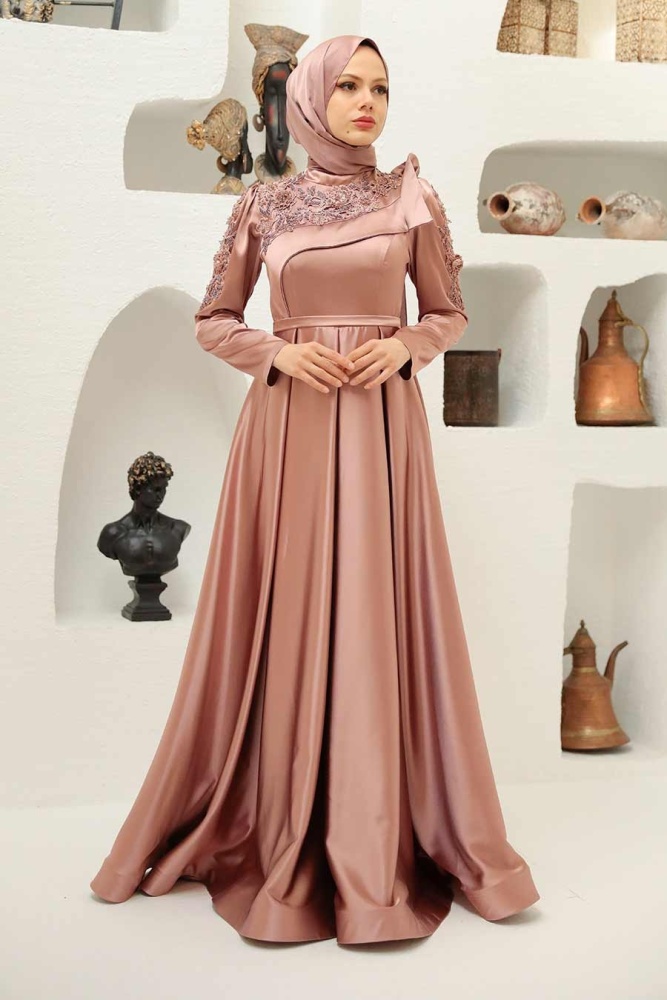 Tesettürlü Abiye Elbise - Robe de soirée Hijab Dusty Rose 22351GK - 2