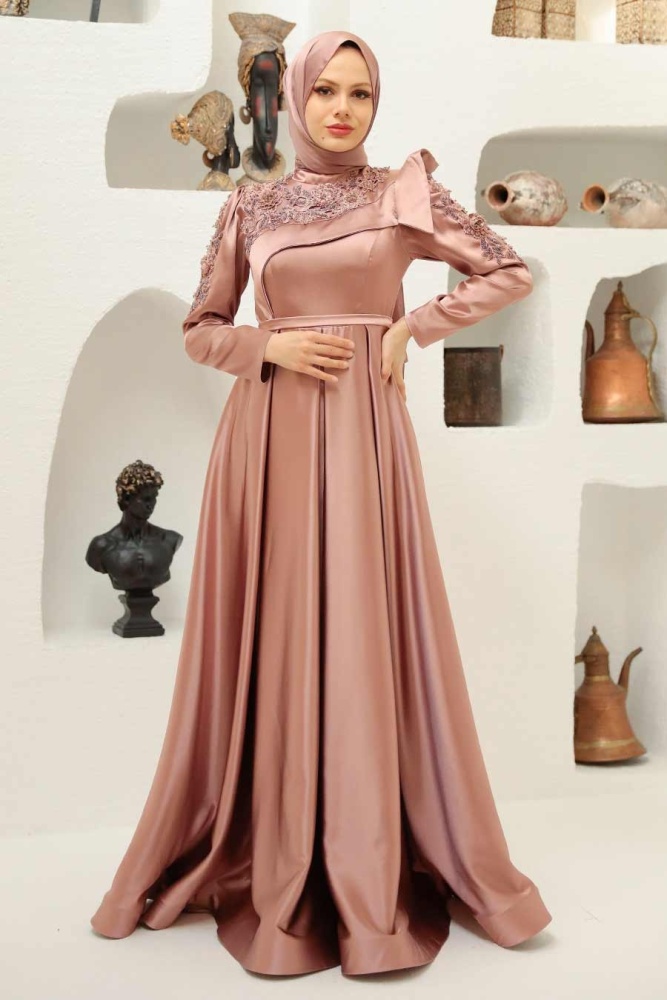 Tesettürlü Abiye Elbise - Robe de soirée Hijab Dusty Rose 22351GK - 1