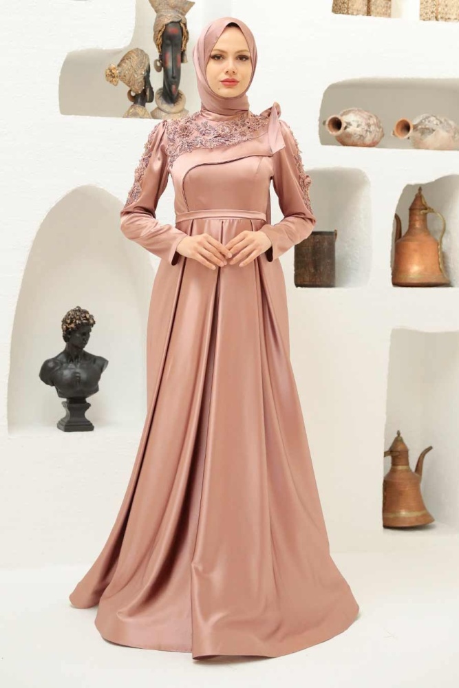 Tesettürlü Abiye Elbise - Robe de soirée Hijab Dusty Rose 22351GK - 3