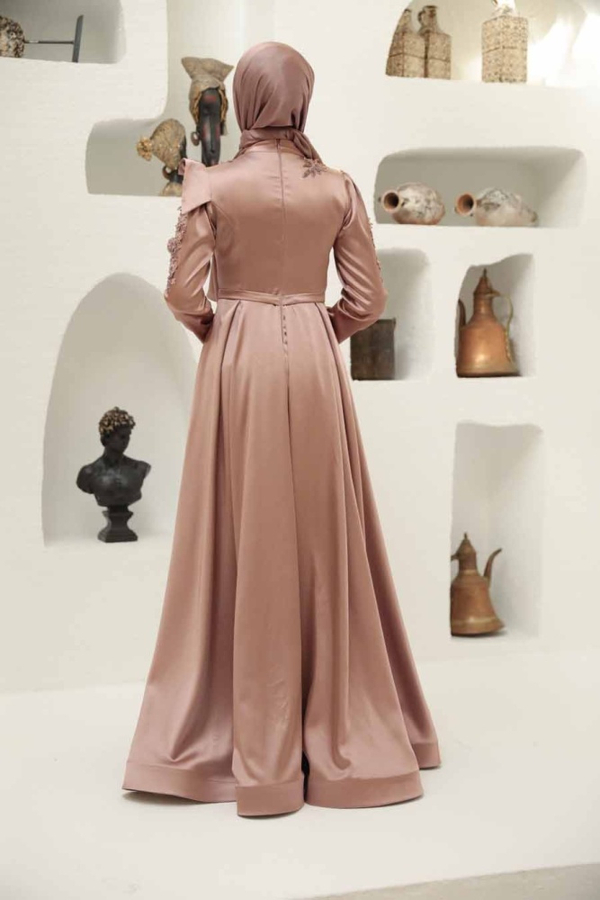 Tesettürlü Abiye Elbise - Robe de soirée Hijab Dusty Rose 22351GK - 4