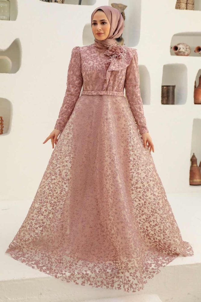 Tesettürlü Abiye Elbise - Robe de soirée Hijab Dusty Rose 22421GK - 1