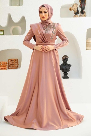 Tesettürlü Abiye Elbise - Robe de soirée Hijab Dusty Rose 22441GK - 1