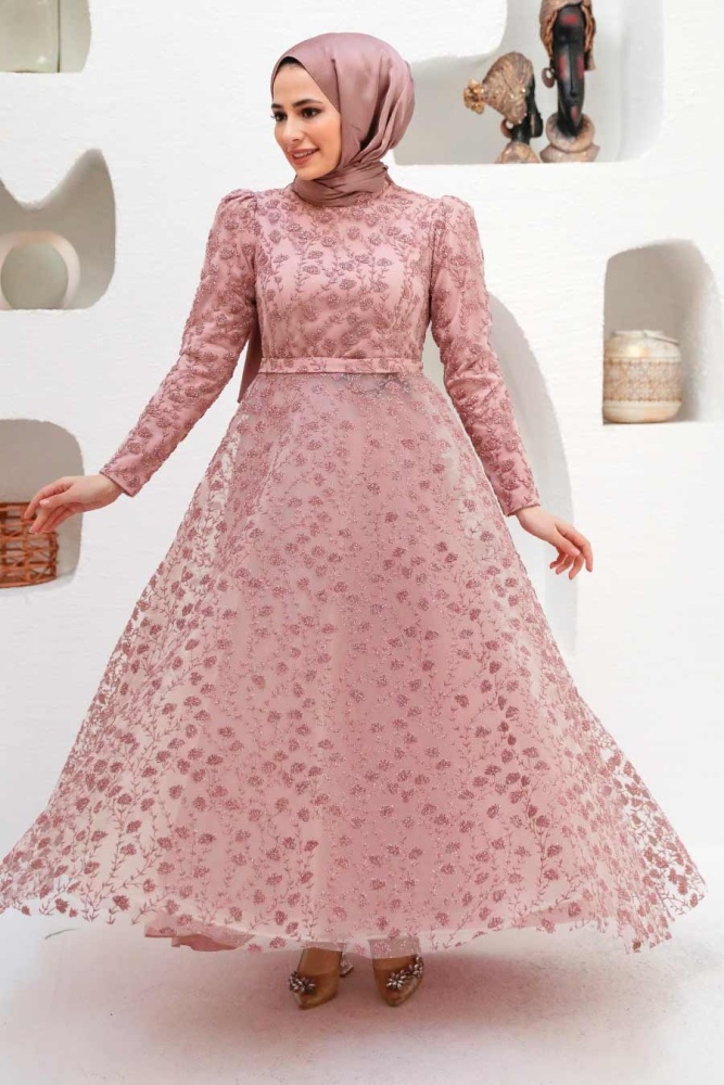 Tesettürlü Abiye Elbise - Robe de soirée Hijab Dusty Rose 22510GK - 1