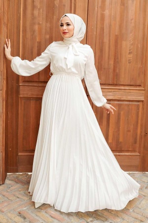 Tesettürlü Abiye Elbise - Robe de Soirée Hijab Ecru 3031E - 1