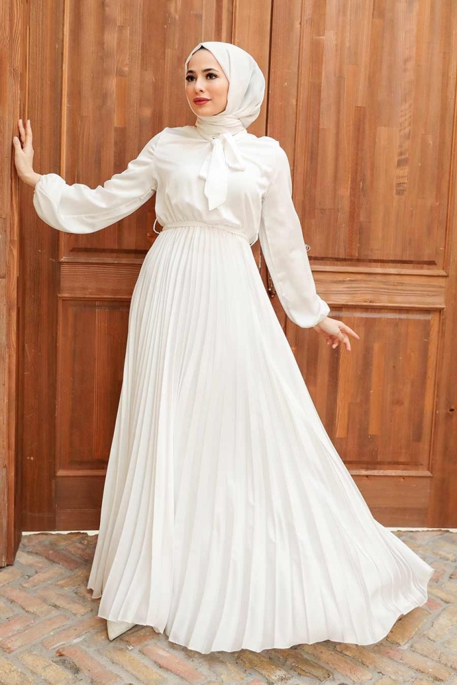 Tesettürlü Abiye Elbise - Robe de Soirée Hijab Ecru 3031E - 1