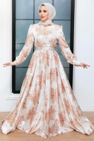 Tesettürlü Abiye Elbise - Robe de Soirée Hijab Ecru 35670E - Thumbnail