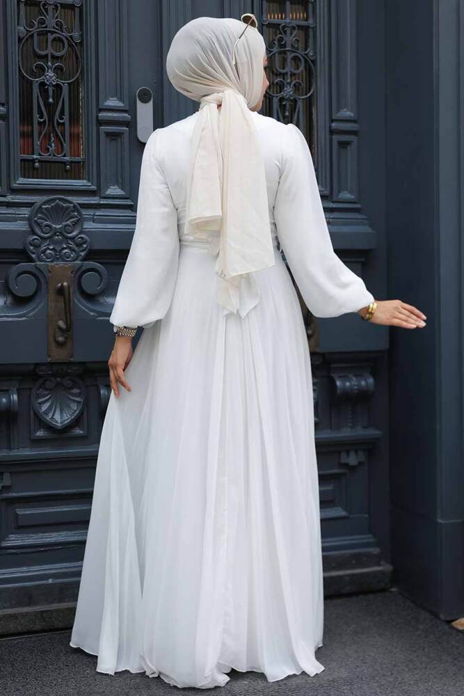 Tesettürlü Abiye Elbise - Robe de Soirée Hijab Ecru 5470E - 4