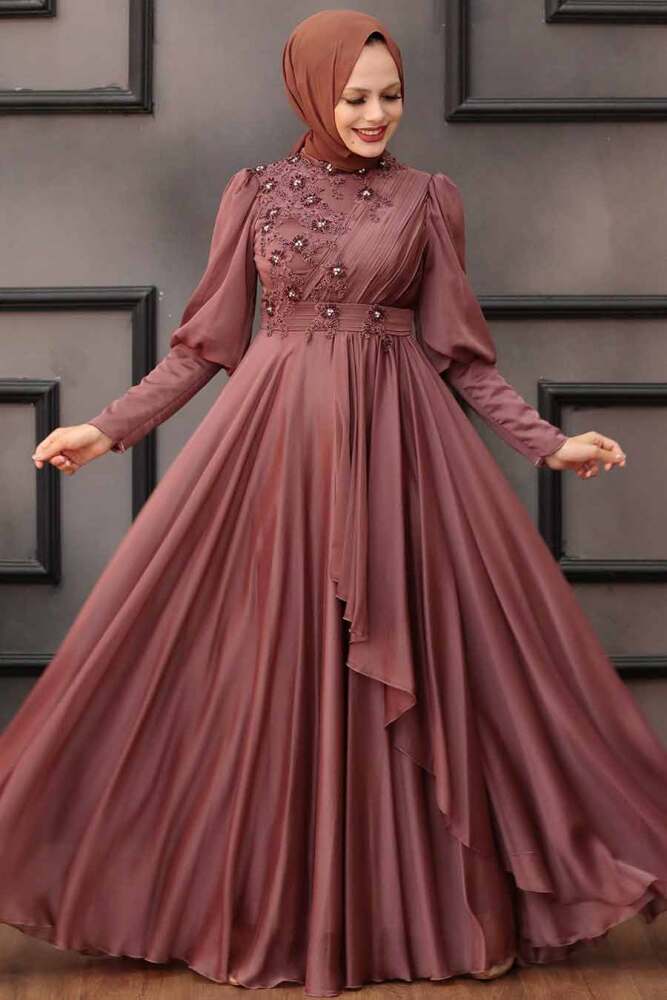 Tesettürlü Abiye Elbise - Robe de soirée Hijab en cuivre foncé 21930KBKR - 3