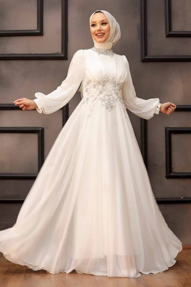 Tesettürlü Abiye Elbise - Robe de Soirée Hijab en Dentelle Écru 22150E - 1
