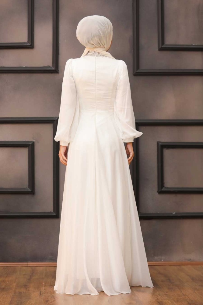 Tesettürlü Abiye Elbise - Robe de Soirée Hijab en Dentelle Écru 22150E - 2