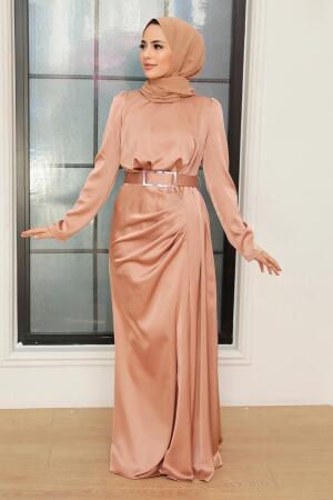 Tesettürlü Abiye Elbise - Robe de Soirée Hijab en Satin Beige 3606BEJ - 3
